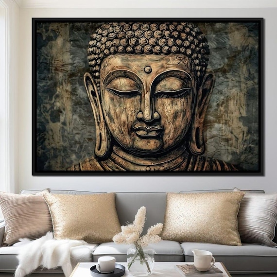 Bronze Buddha Face Serene Stone Texture Zen Meditation Wall Art