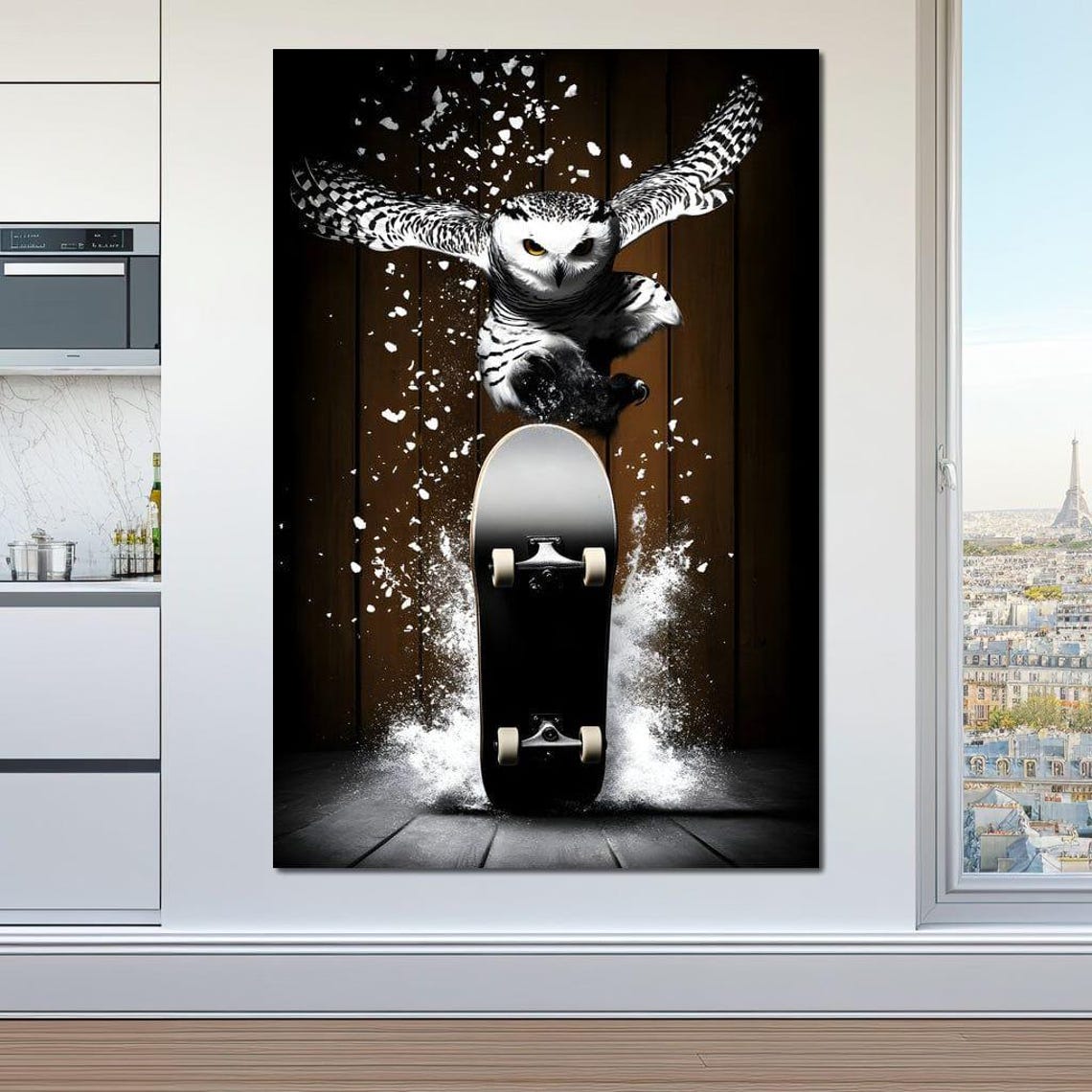 Snowy Owl Bursting Through a Skateboard in a Midair Trick Poster - Image 2