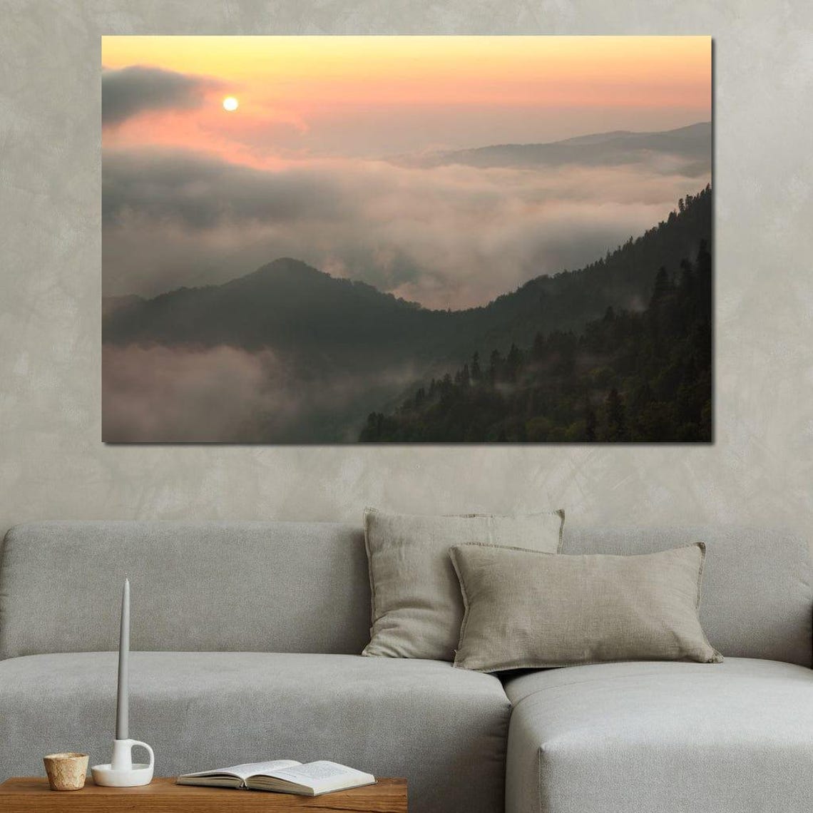 Foggy Mountain Sunrise Mist Over Forest Peaks Serene Landscape Poster - Image 3