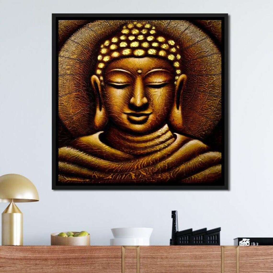 Meditating Golden Buddha Portrait Zen Spiritual Home Decor Poster