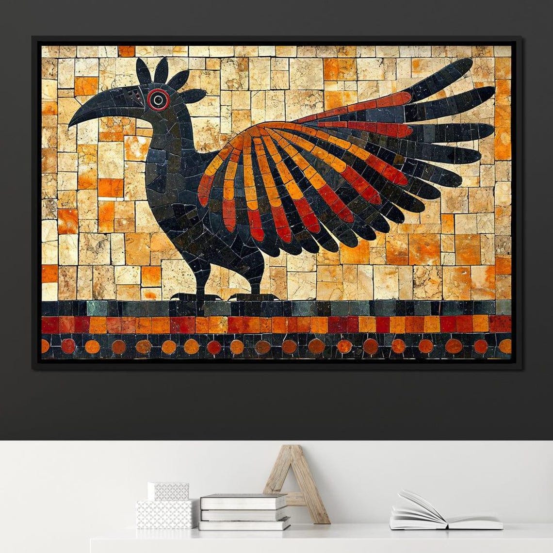 Mosaic Bird in Flight Black Orange Tiles Folk Art Style Wall Art Print - Image 3