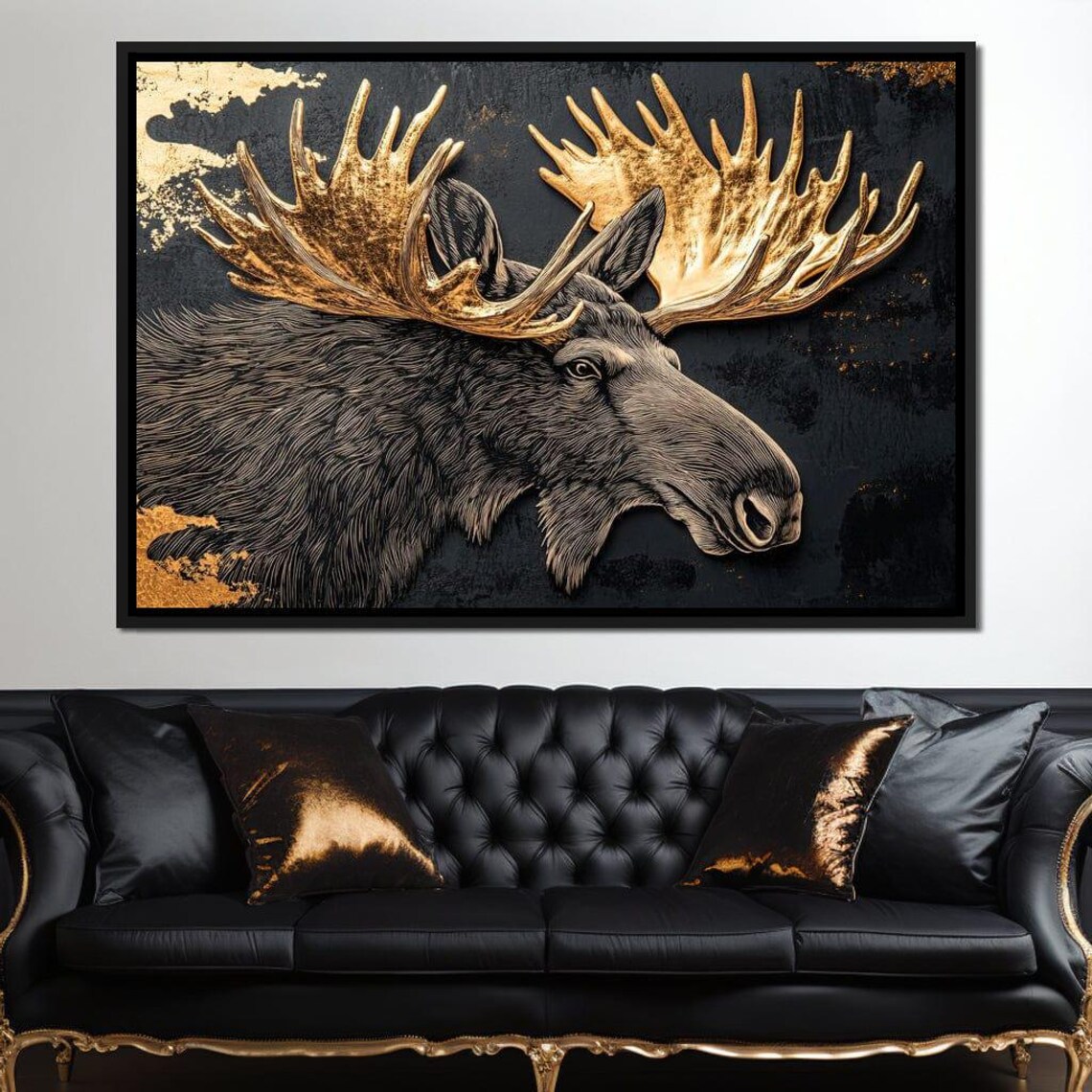 Majestic Moose Gold Antlers Black Gold Detailed Wildlife Art Poster - Image 2