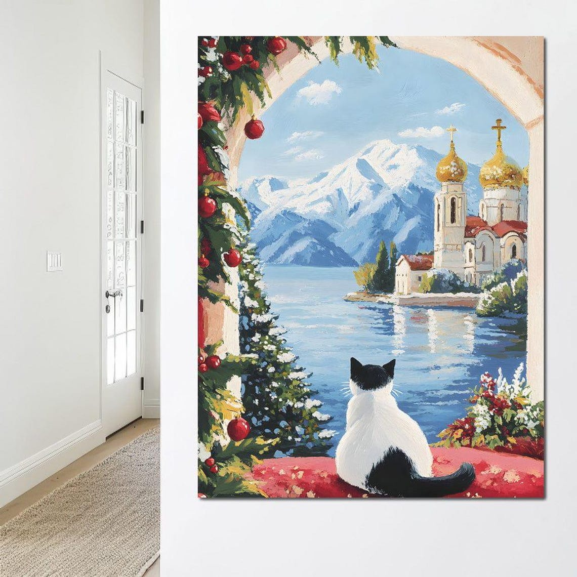 Cat Watching A Lake Chapel And Snowy Mountains Winter View Poster - Image 3