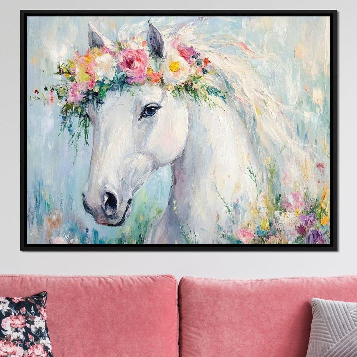 White Horse Floral Crown Pastel Impressionist Framed Equine Wall Art