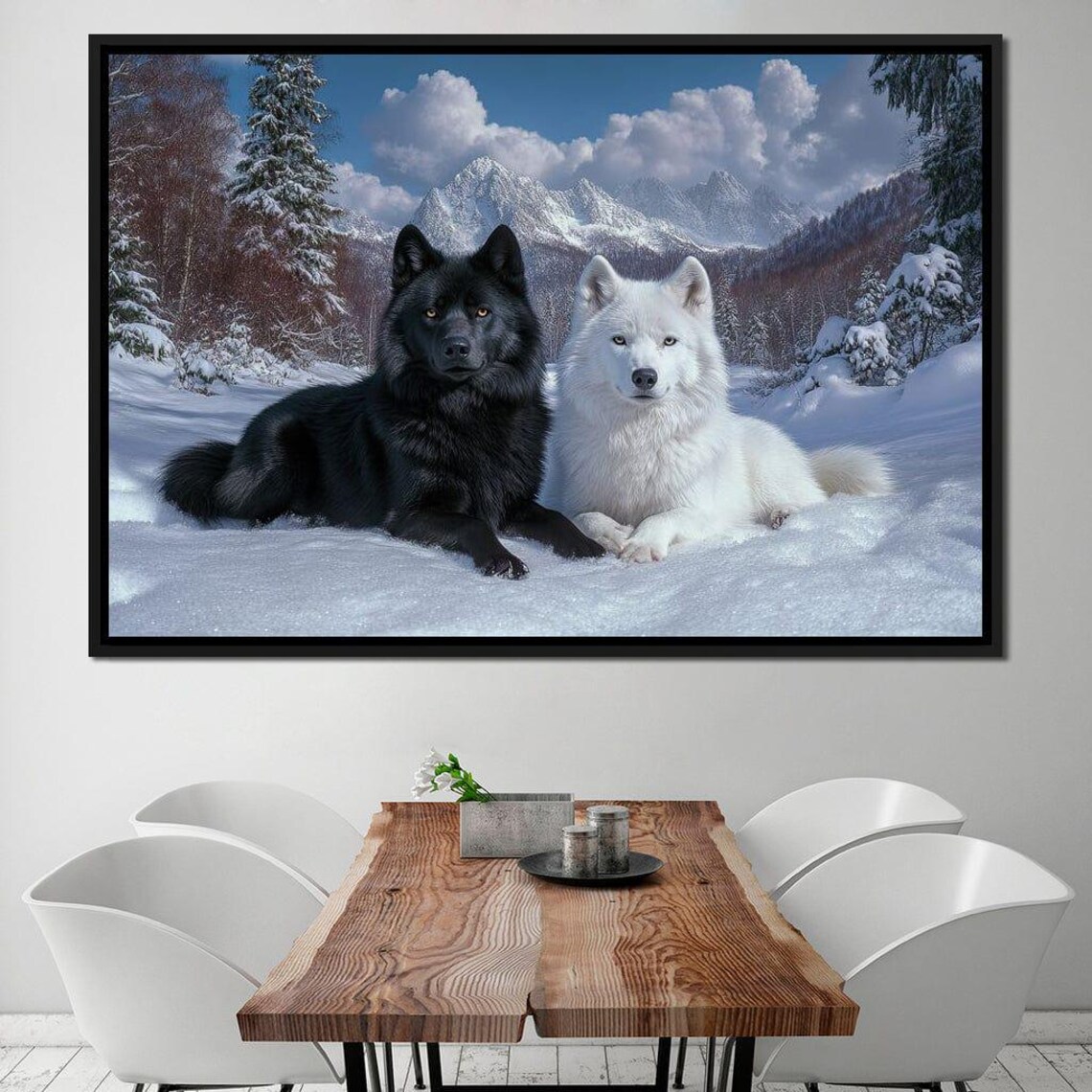 Black And White Huskies Snowy Mountain Winter Scene Wildlife Art Poster - Image 2