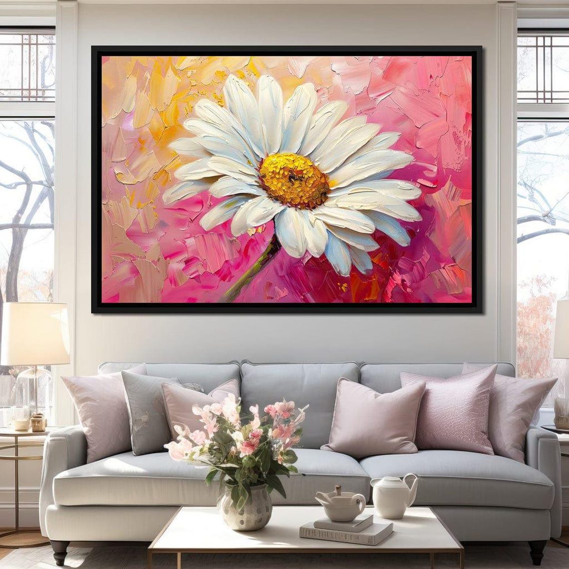 White Daisy Close Up Hot Pink Five Panel Floral Wall Art Poster - Image 3