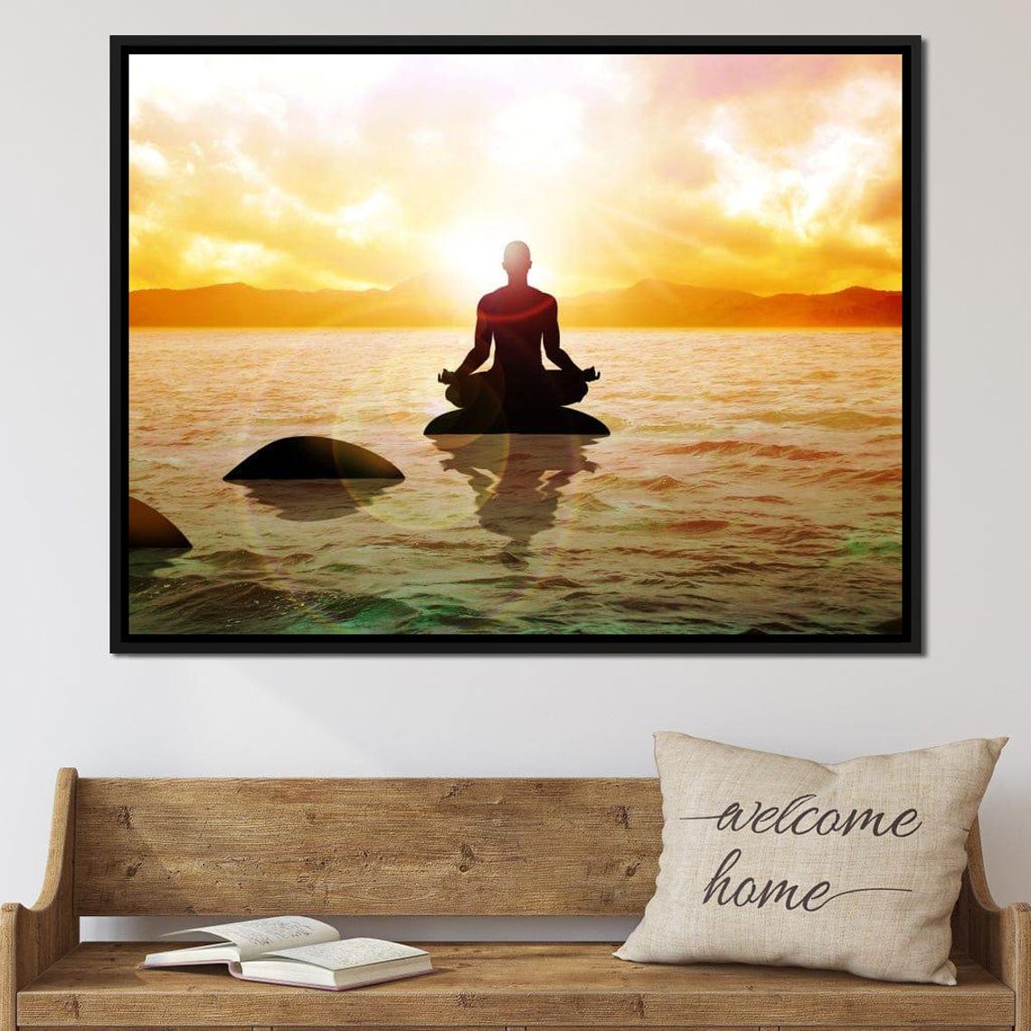 Meditating Silhouette Ocean Sunrise Yoga Spiritual Calm Art Poster - Image 2