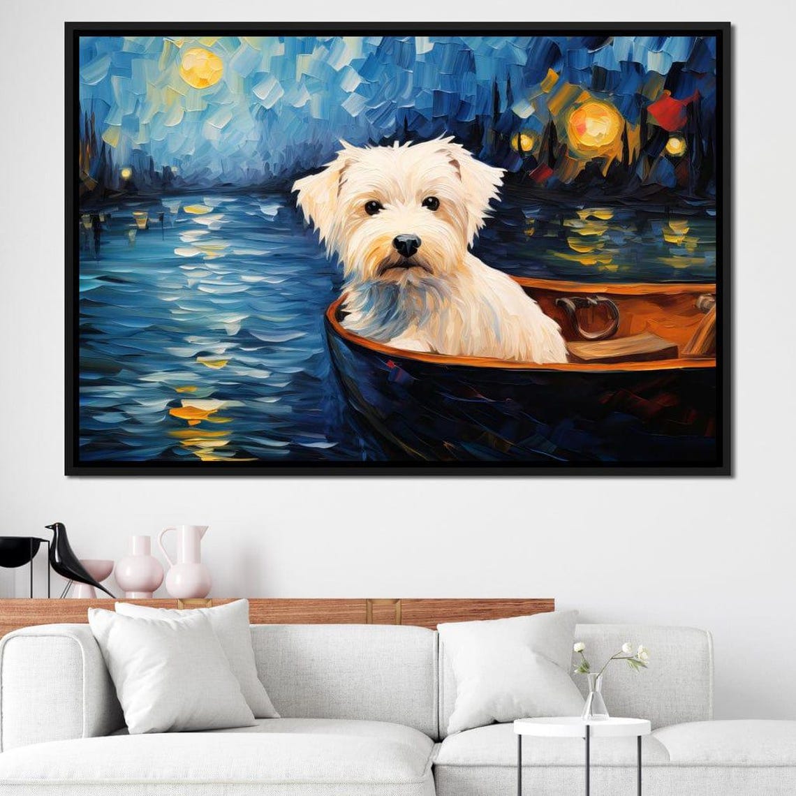 Cute White Terrier Dog Boat Night Lake Starry Sky Puppy Wall Art - Image 2