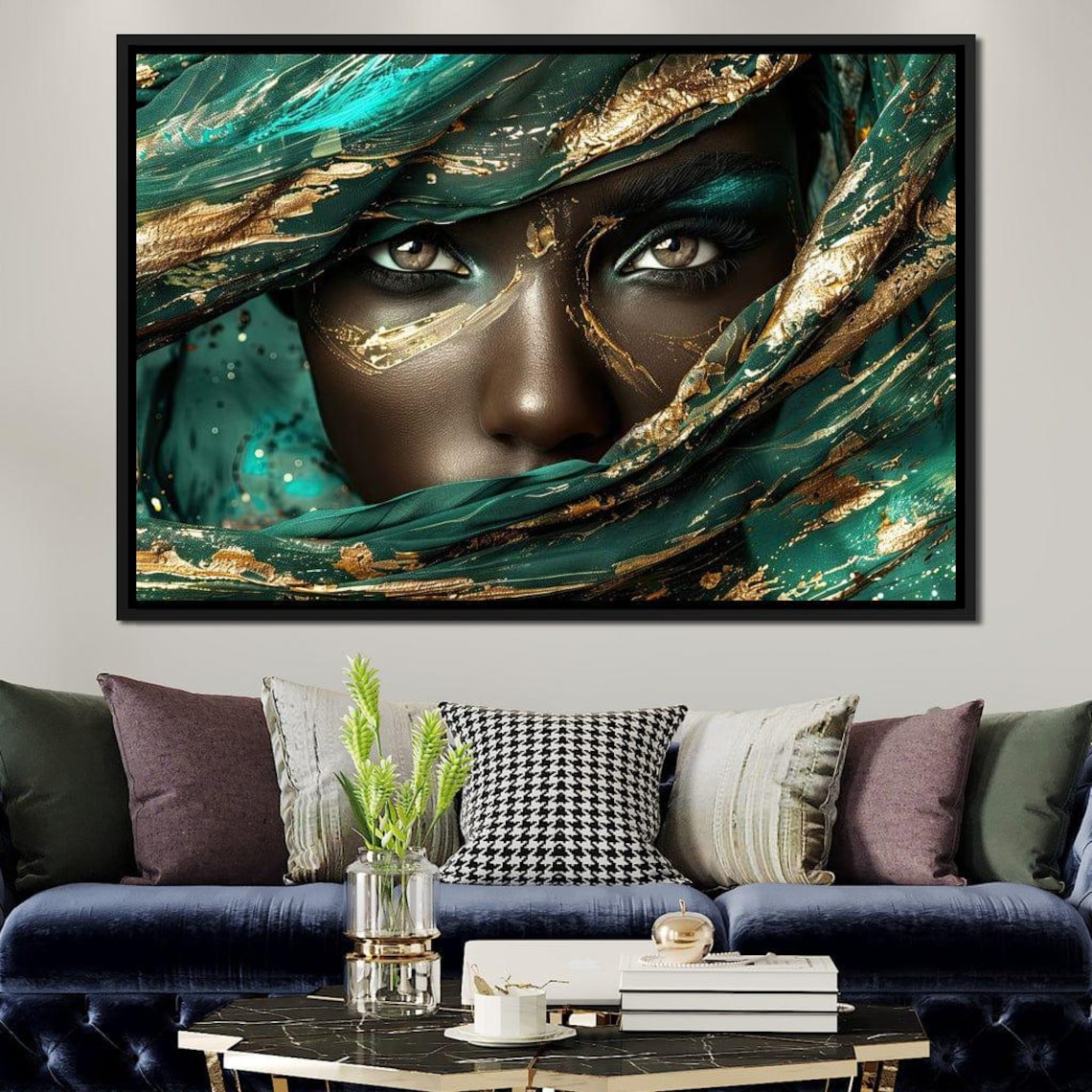 Emerald Gaze Face Portrait, Green and Gold Art Print - Image 3