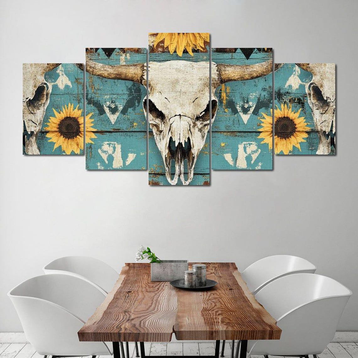 Longhorn Skull Sunflower Turquoise Western Rustic Wall Art Print - Image 3