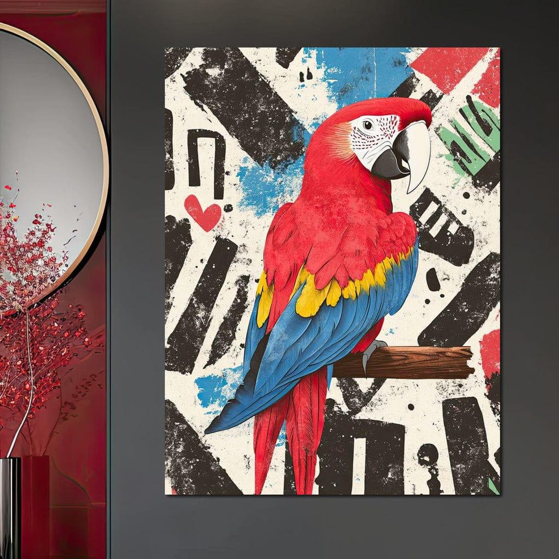 Scarlet Macaw Parrot On Bold Black Red Blue Abstract Pop Art Poster - Image 2