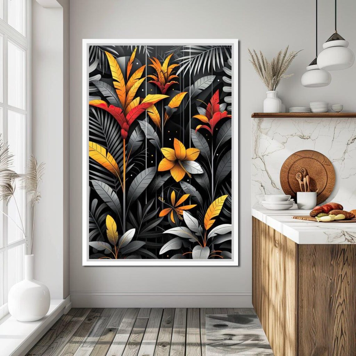 Golden Tropical Leaves Fiery Blooms Black Jungle Night Wall Art - Image 2