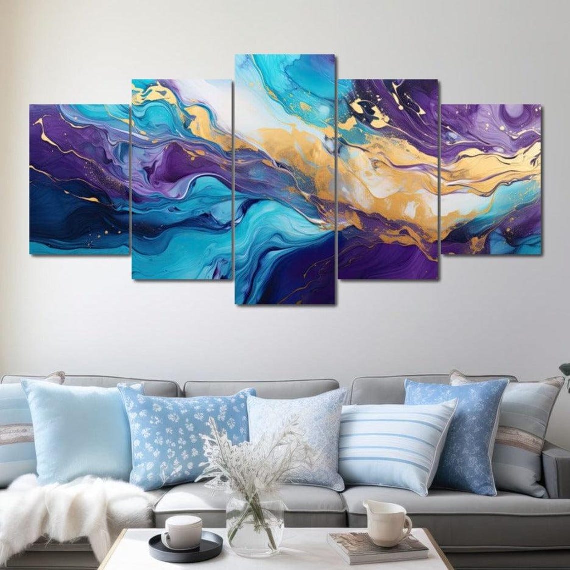 Purple Teal Gold Fluid Abstract 5 Panel Marble Wave Canvas Wall Art