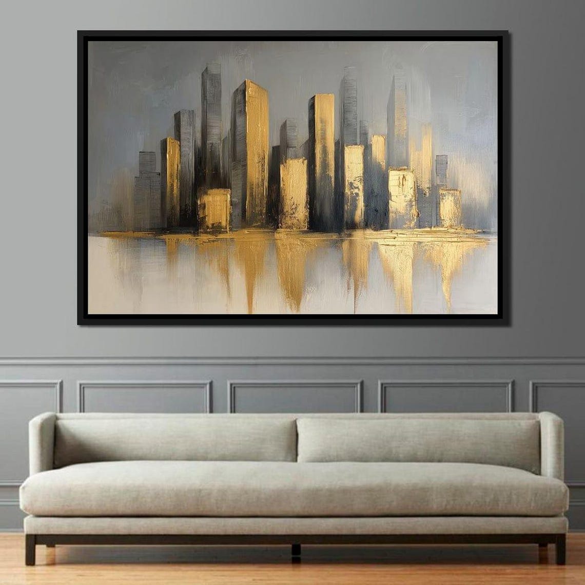 Golden Gray City Skyline Water Reflections Abstract Urban Decor Poster - Image 2