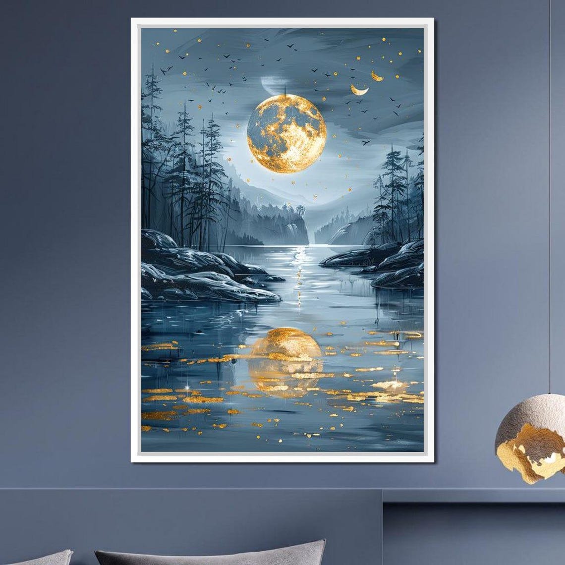 Golden Full Moon Moonlit River Pine Forest Night Landscape Poster - Image 4