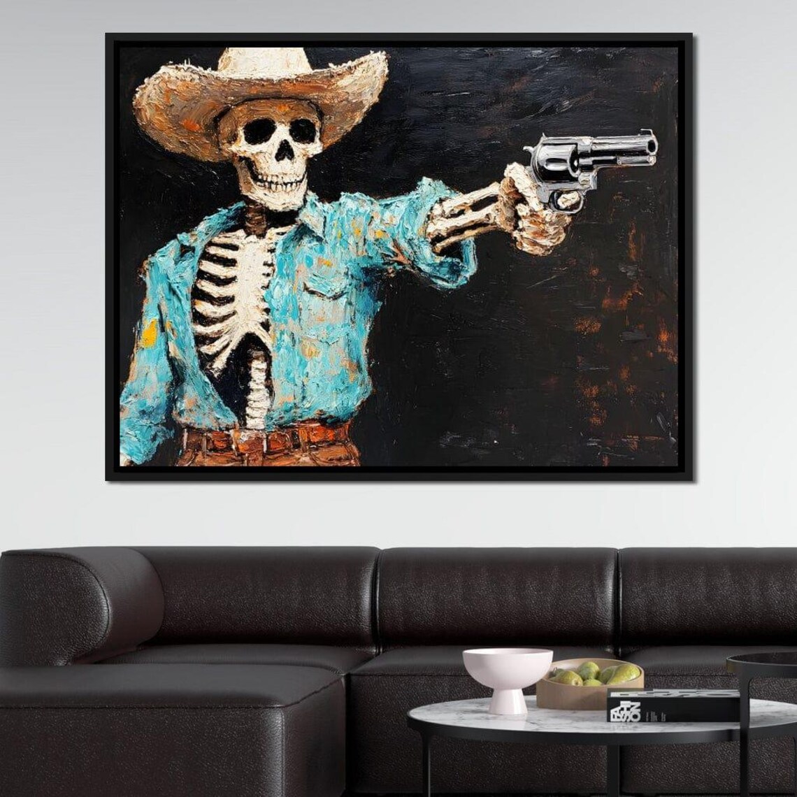 Skeleton Cowboy Denim Shirt Revolver Black Background Western Gothic Wall Print