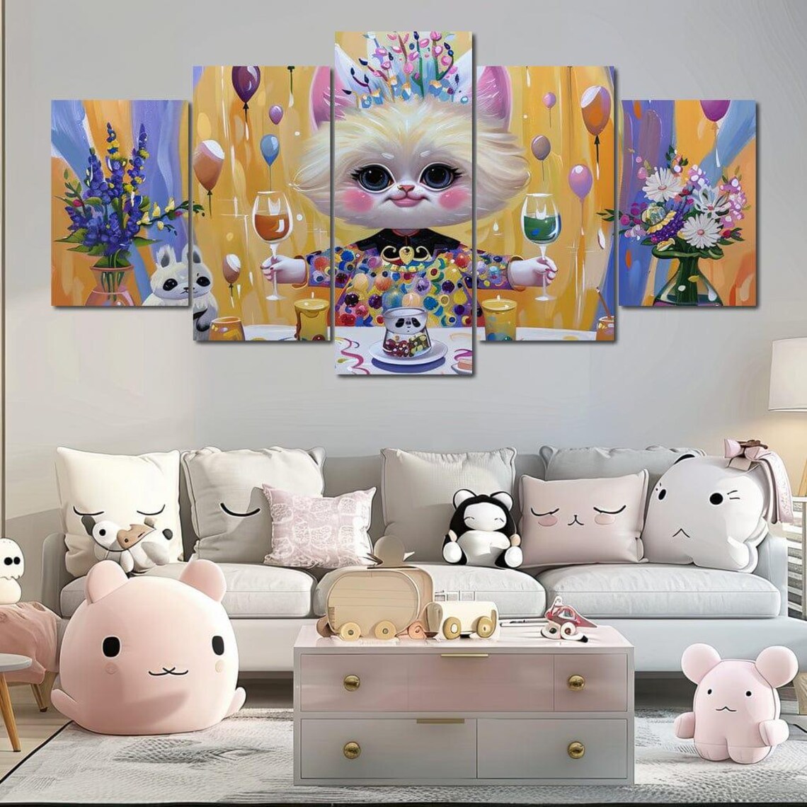 Festive Kitten Birthday Party Balloons Colorful Kids Room Wall Art Poster - Image 2