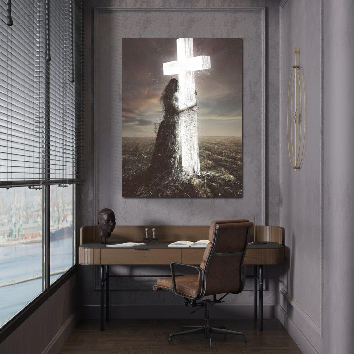 Woman Embracing Glowing Cross Black White Spiritual Faith Hope Wall Art - Image 4