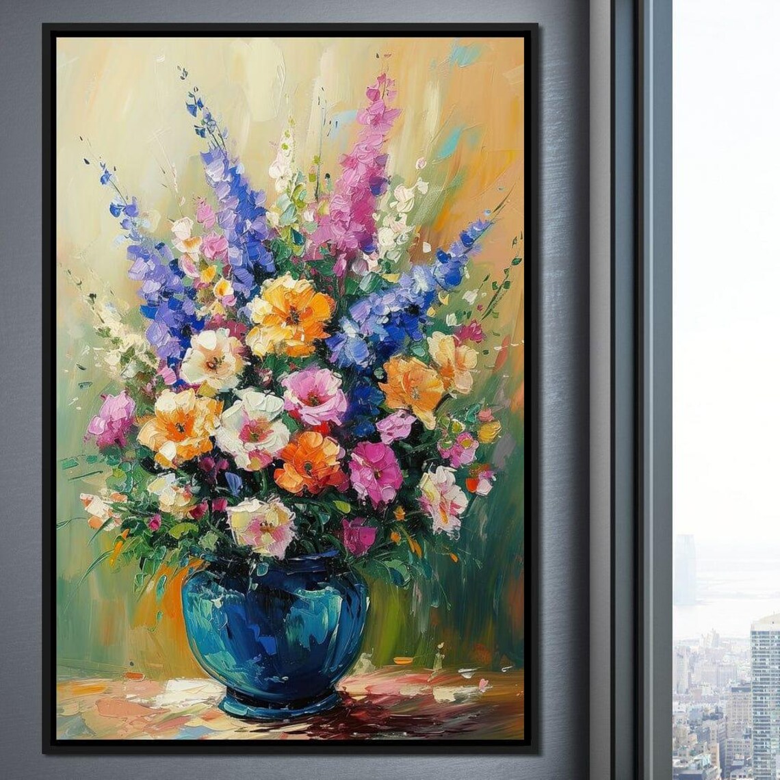 Colorful Wildflower Bouquet In Blue Vase Oil Painting Wall Art Print