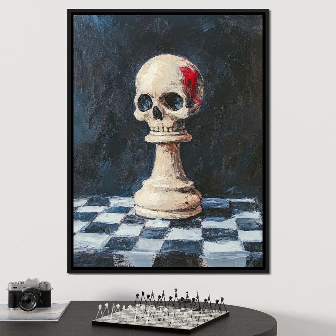 Skull On Chess Pawn Dark Gothic Painting Checkered Board Moody Art Poster - Image 4