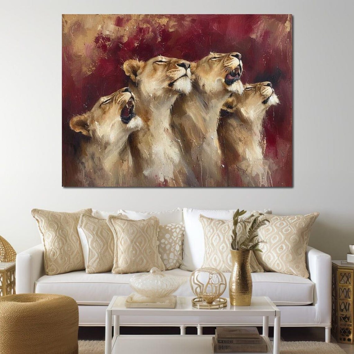 Roaring Lionesses Pride Crimson Dusk Dramatic Wildlife Wall Art Poster - Image 2