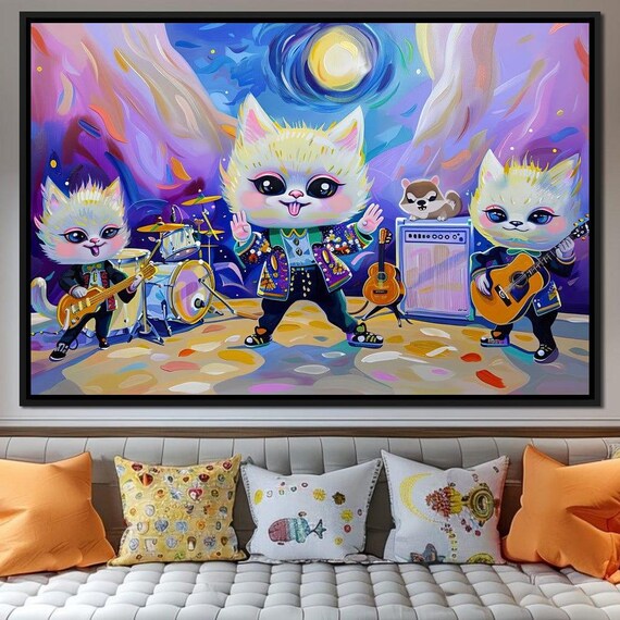 Cute Cat Rock Band Guitars Drums Whimsical Kids Music Wall Poster