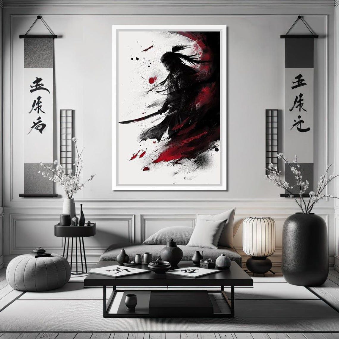 Samurai Warrior Silhouette Katana Black Red Ink Splash Wall Art - Image 2