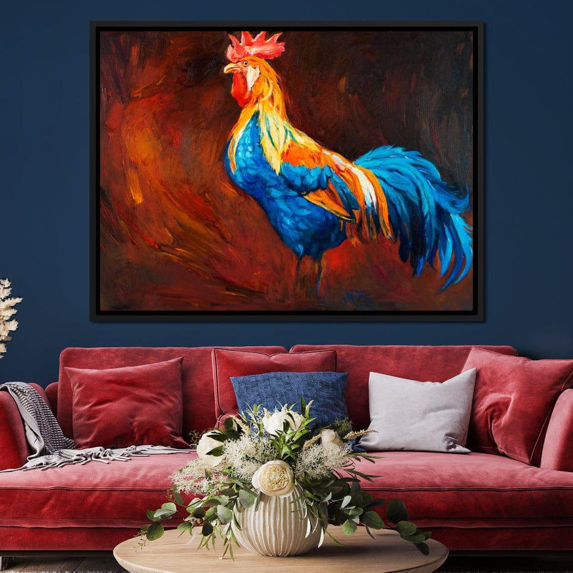 Vibrant Blue And Orange Rooster Bold Folk Art Painting Style Poster