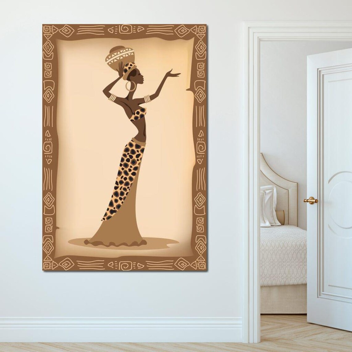 African Woman Leopard Print Dress Basket Tribal Border Beige Art Poster - Image 4