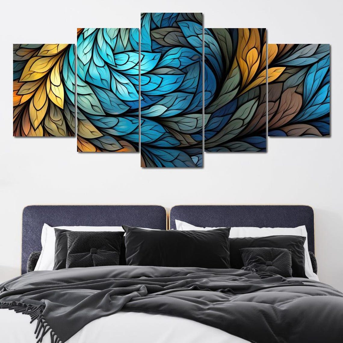 Stained Glass Leafy Swirl Blue Yellow Five Panel Wall Art Poster