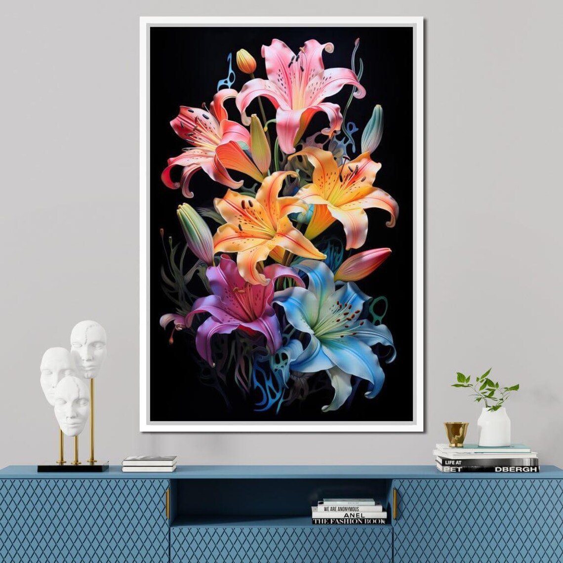 Colorful Rainbow Lilies Bouquet Black Background Vibrant Floral Poster - Image 2