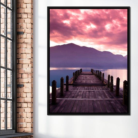 Beautiful Morning Pink Sunrise Serene Landscape Pier Mountain Lake Reflection Calming Nature Photography Wall Art By Nichecanvas