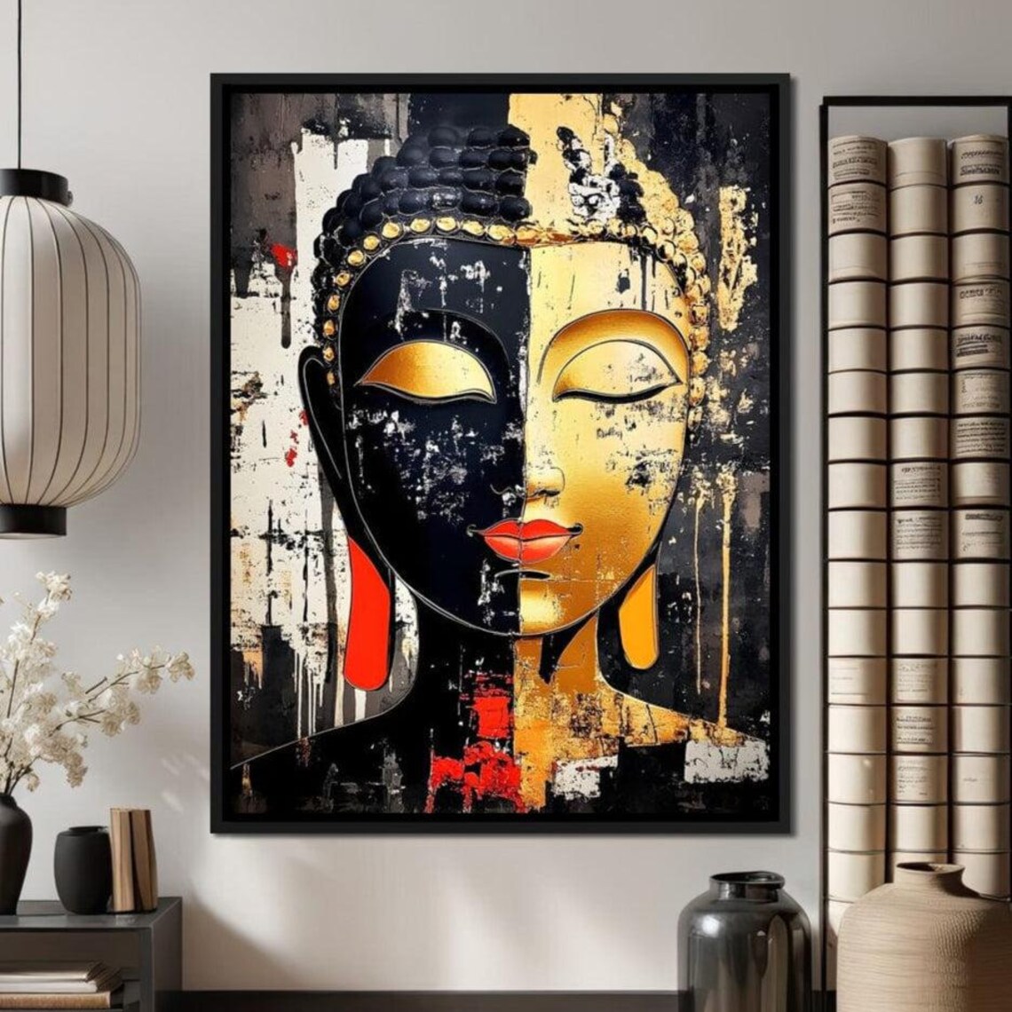 Black Gold Split Face Buddha Zen Abstract Red Lips Spiritual Wall Art Print - Image 4