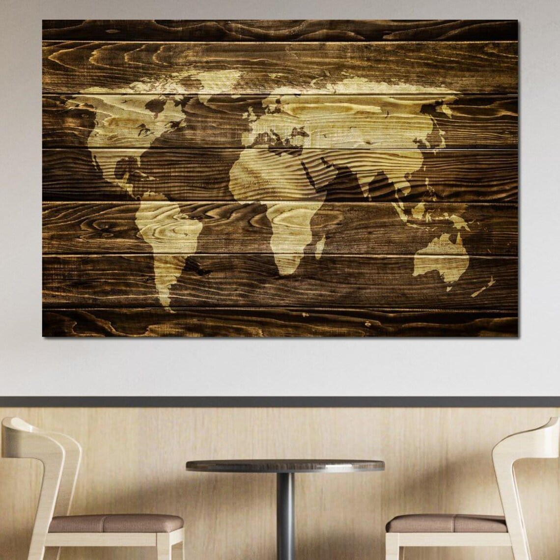 World Map on Oak Planks, Rustic Global Map Art - Image 3