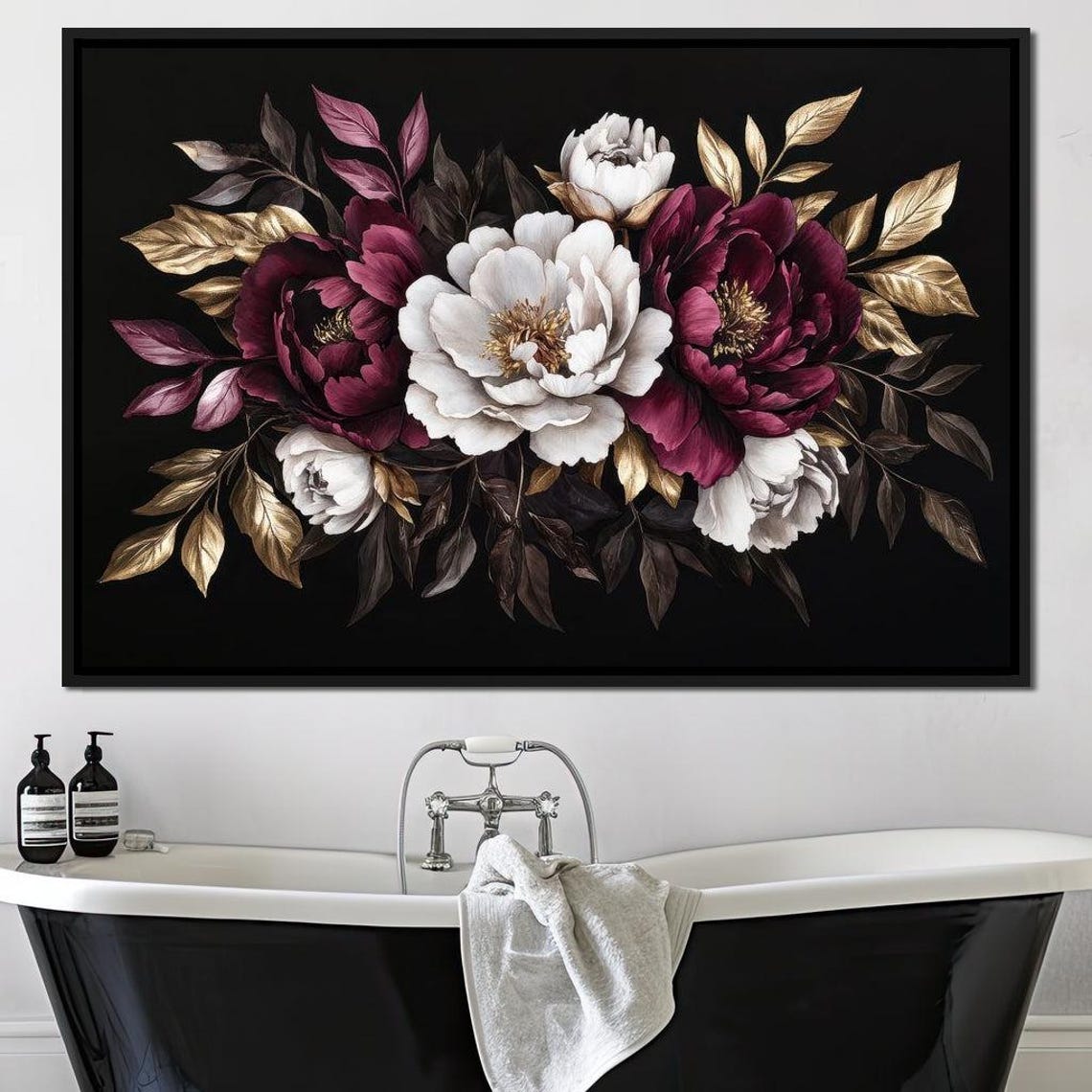 Burgundy White Peonies With Golden Leaves On Black Floral Art Poster - Image 2