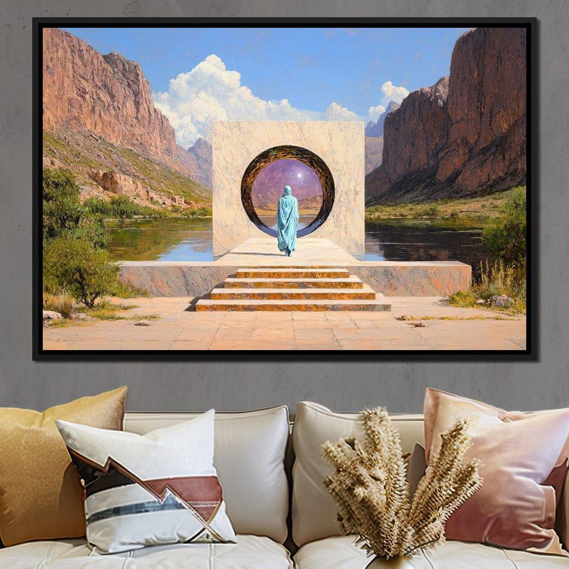 Stone Portal Desert Canyon River Robed Figure Surreal Journey Poster - Image 3