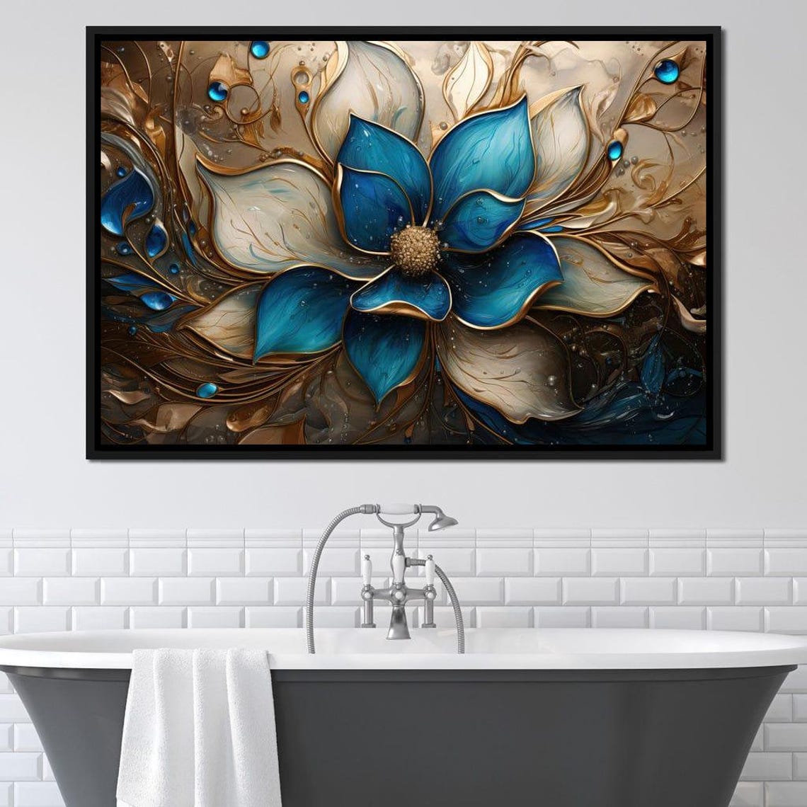 Blue Gold Floral Multi Panel Canvas Bloom Elegant Modern Poster - Image 2