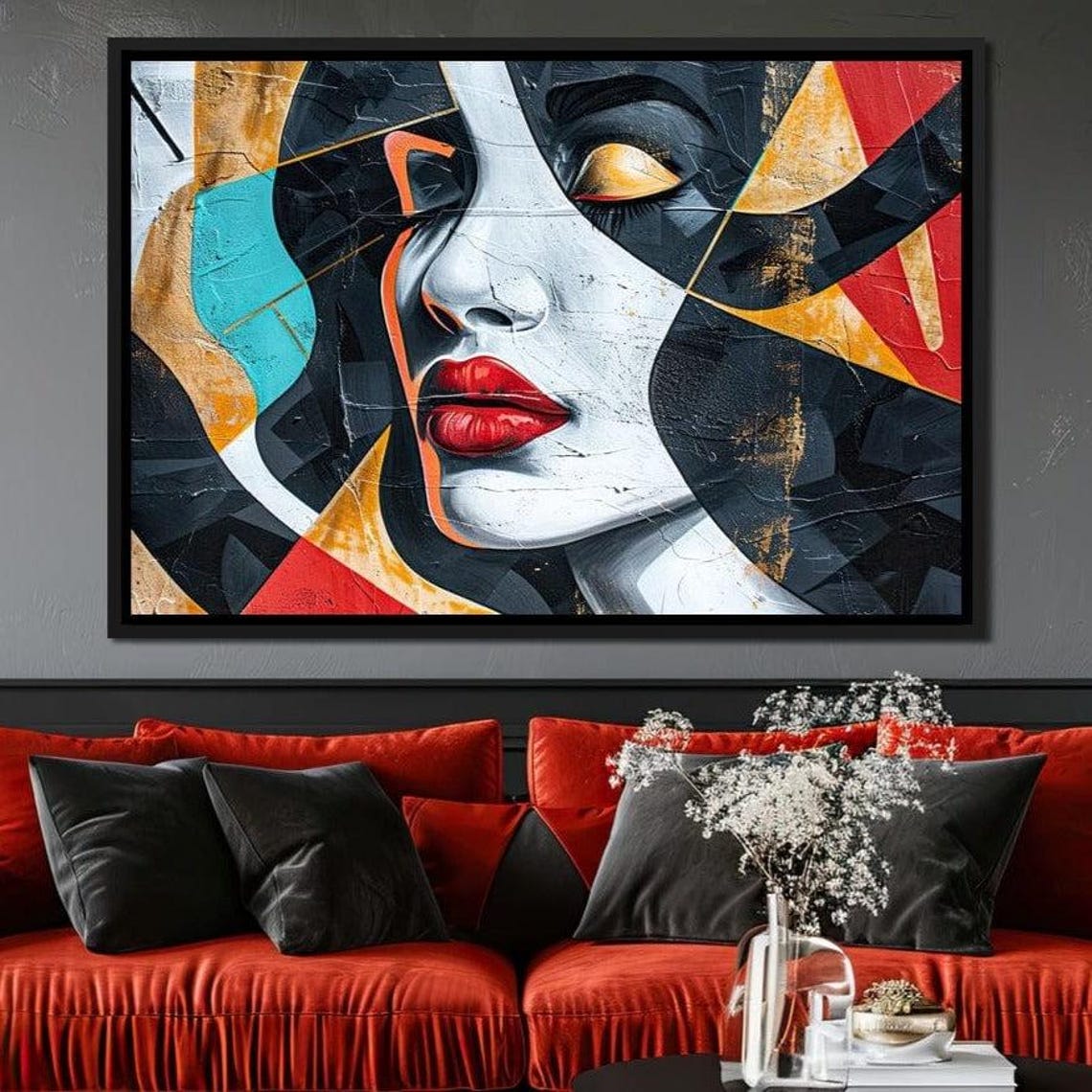 Cubist Muse Geometric Female Face With Red Lips Modern Art Poster
