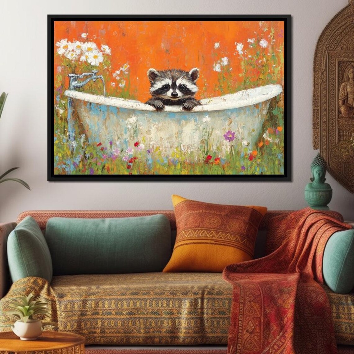 Baby Raccoon Bathtub Wildflower Meadow Orange Background Cute Wall Print - Image 2