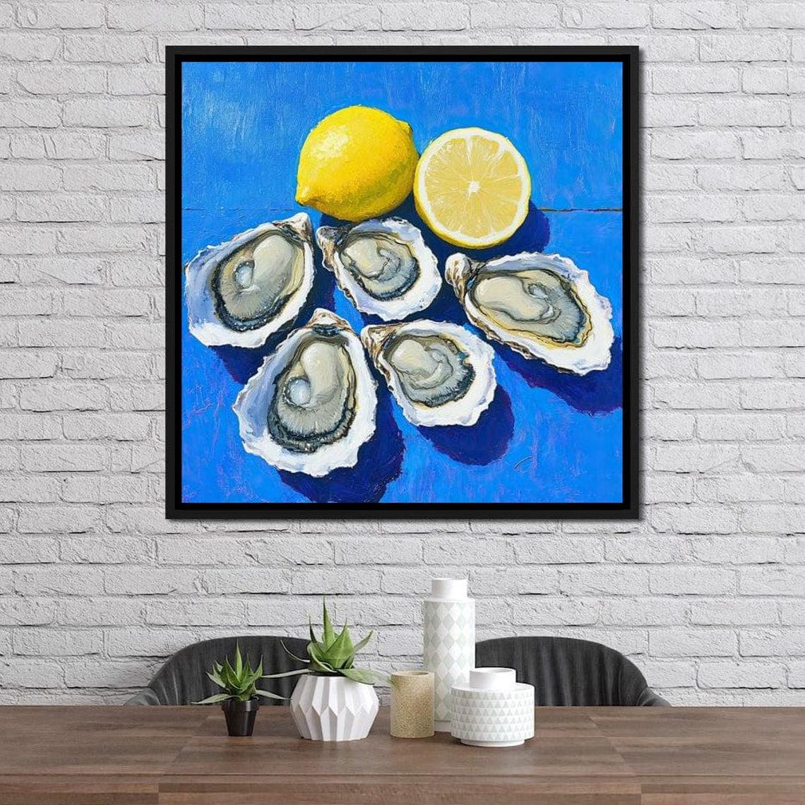 Fresh Oysters Lemon Blue Background Coastal Kitchen Wall Art