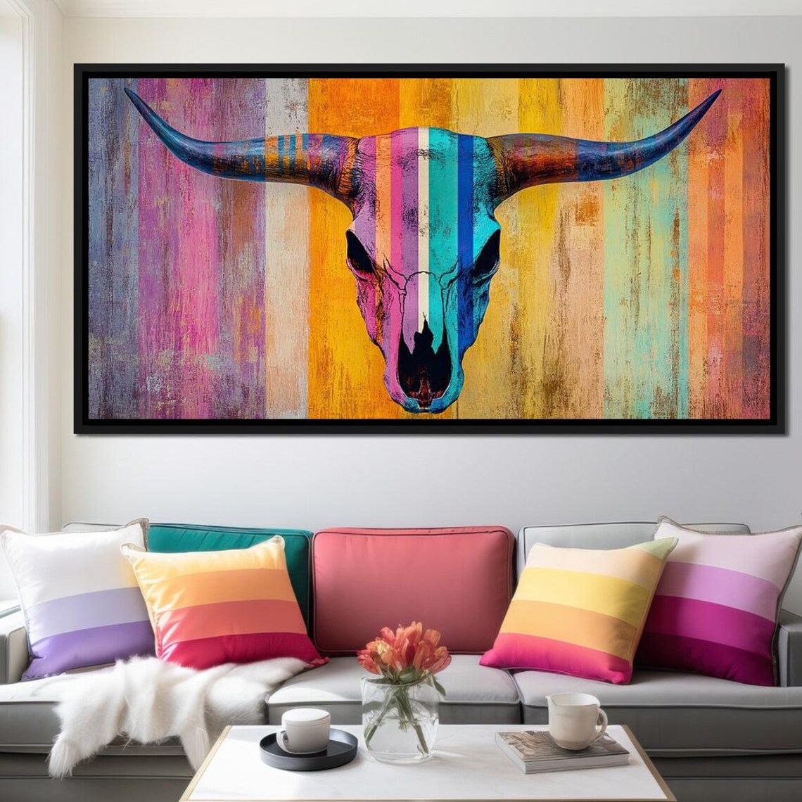 Colorful Longhorn Skull Striped Desert Western Rustic Art Print - Image 4