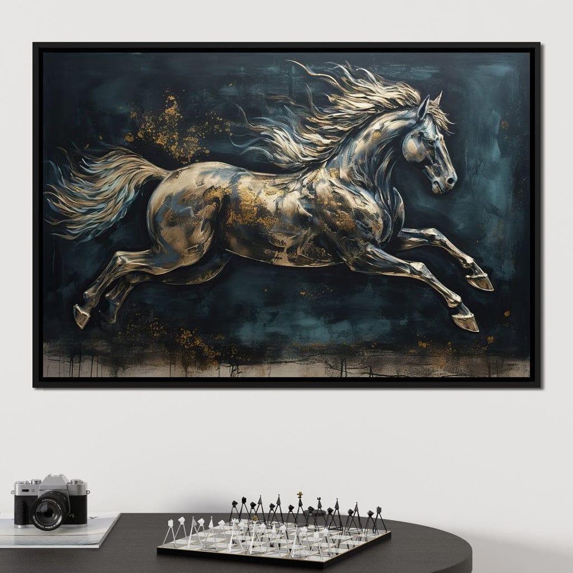 Galloping Horse Turquoise Gold Metallic Elegant Equestrian Art Poster - Image 2