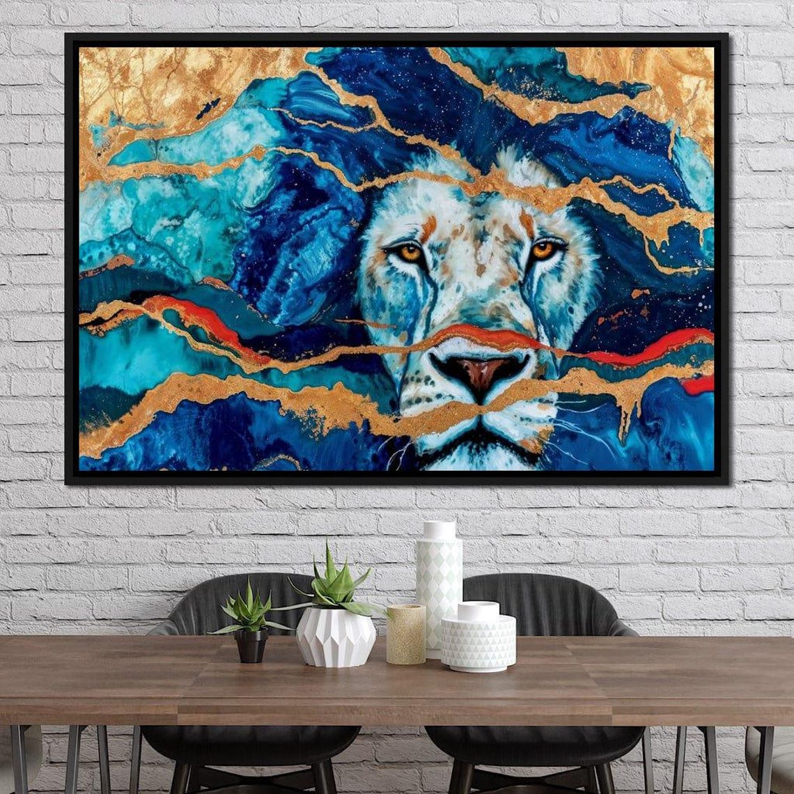 Abstract Lion Face Blue Gold Waves Majestic Wildlife Art Print Decor - Image 3