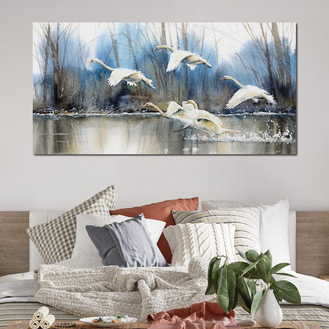 White Swans Flying Misty Lake Watercolor Elegant Bird Art Poster - Image 3