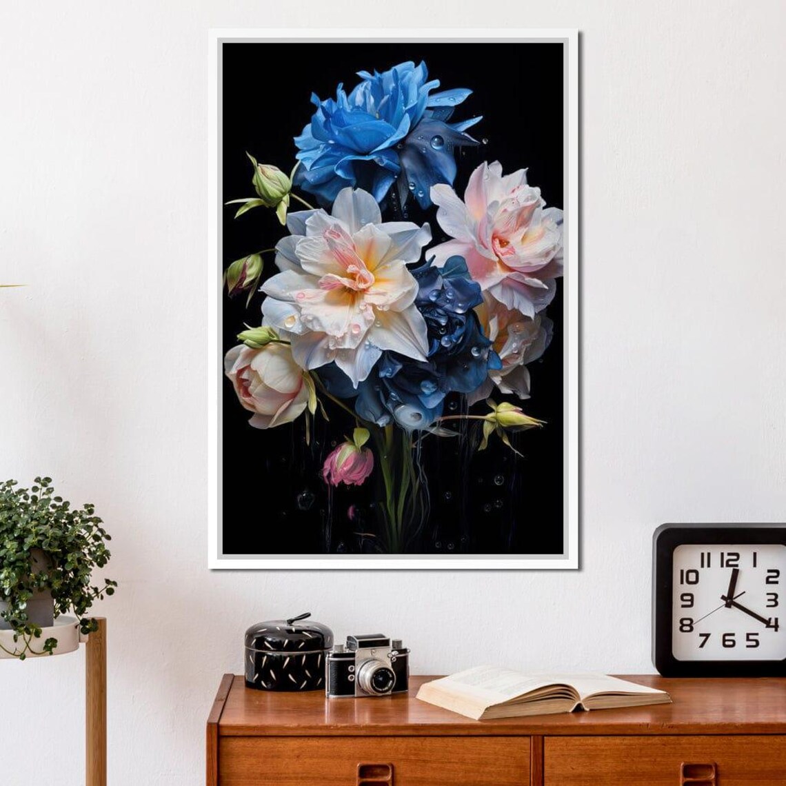 Blue and Pink Peony Bouquet Water Drops Dark Floral Wall Art Print - Image 3