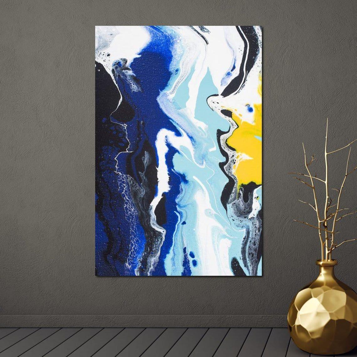 Navy Blue Yellow White Fluid Marble Abstract Painting Wall Art - Image 2