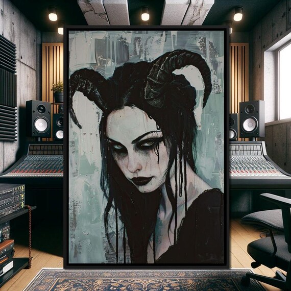 Gothic Horned Demon Woman Dark Fantasy Portrait Horror Wall Art