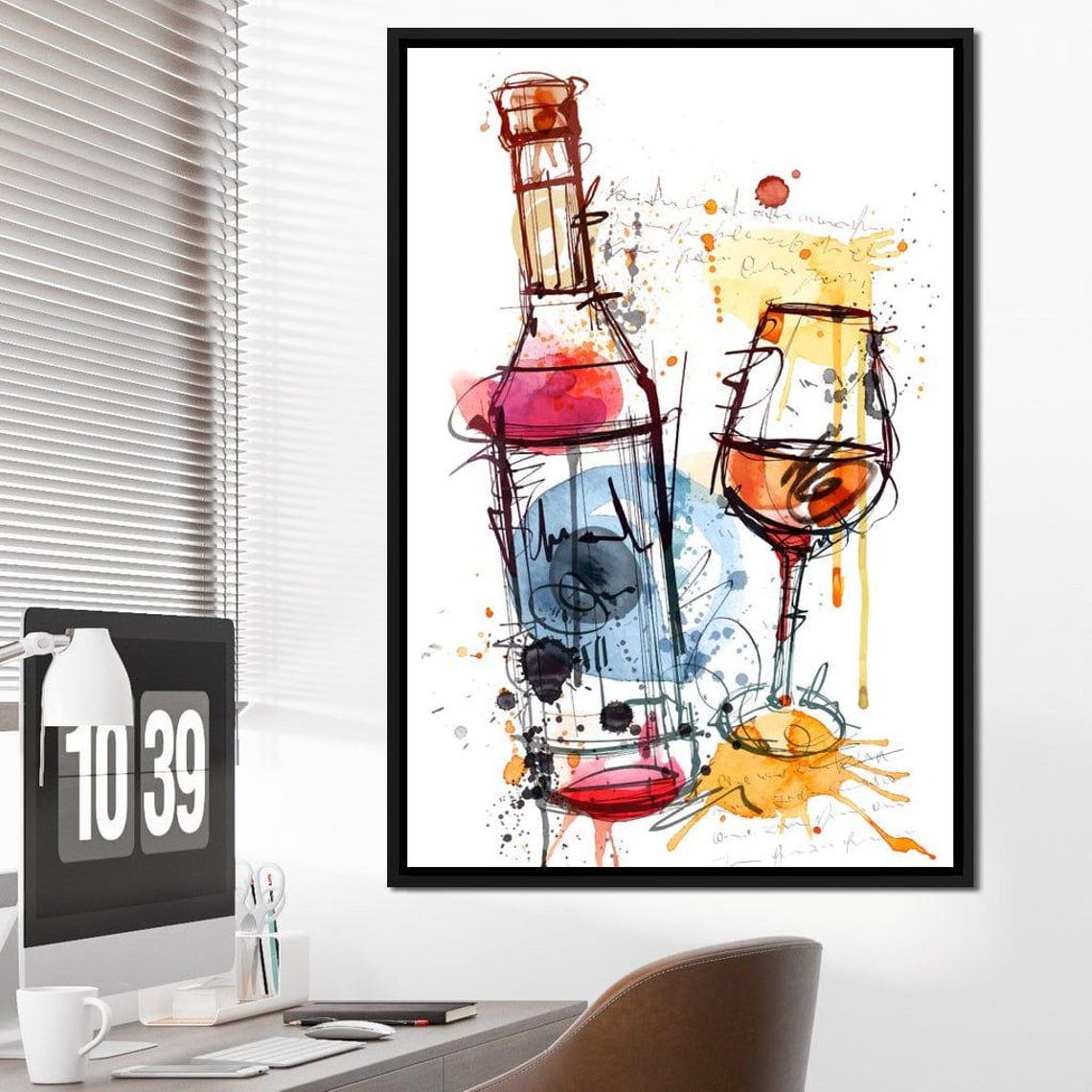Watercolor Red Wine Bottle Glass Splash Vibrant Kitchen Art Poster