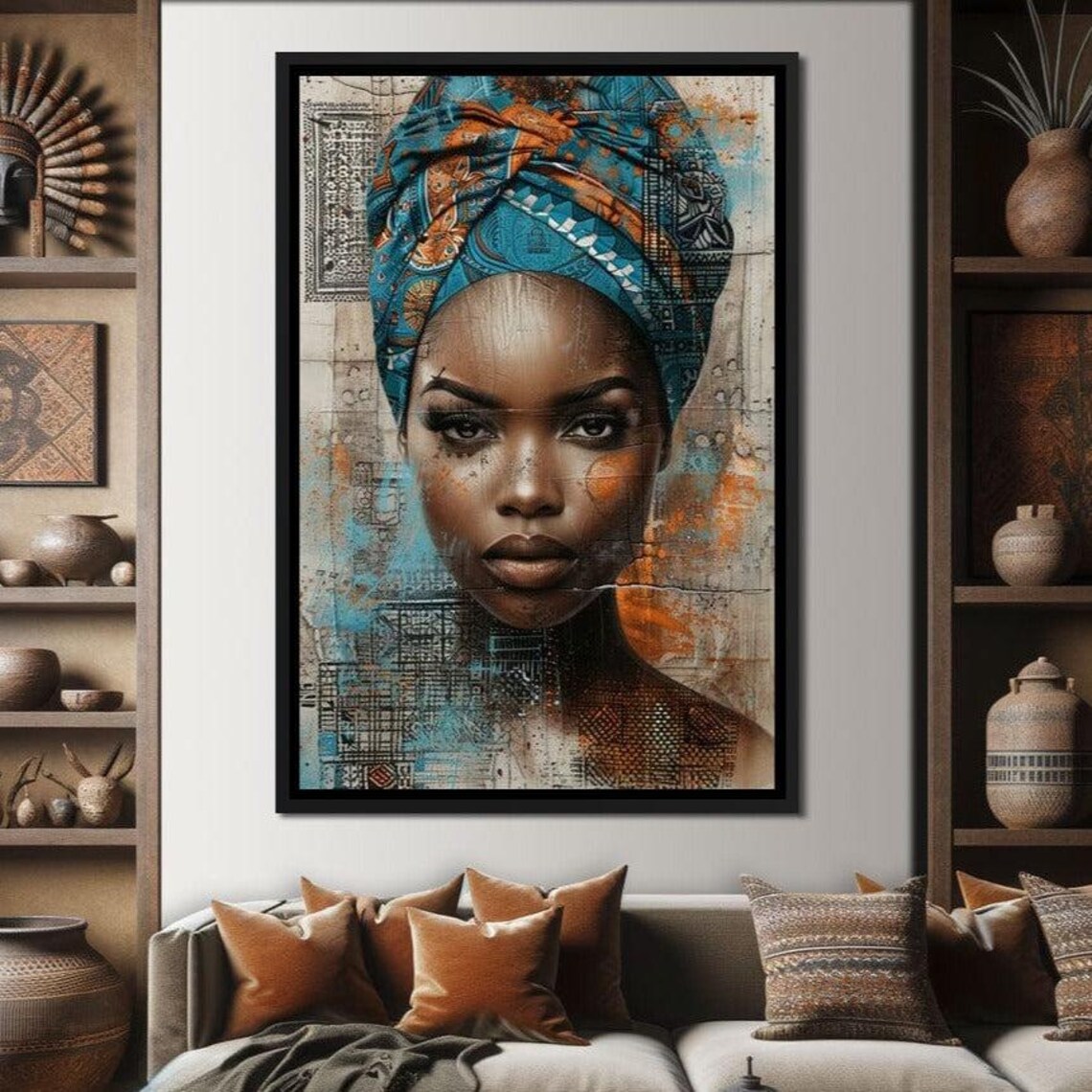 African Woman Blue Orange Headwrap Mixed Media Portrait Wall Art - Image 3