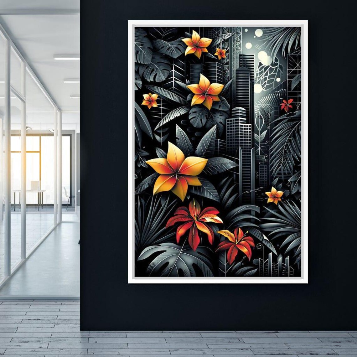 Tropical Fiery Blooms Black Monstera Jungle Night Garden Wall Art - Image 4